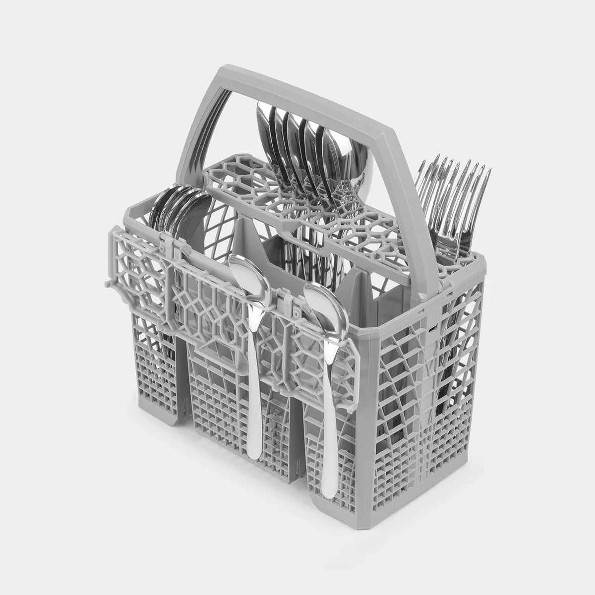 Smeg dishwasher cutlery basket filled with spoons, forks, and knives