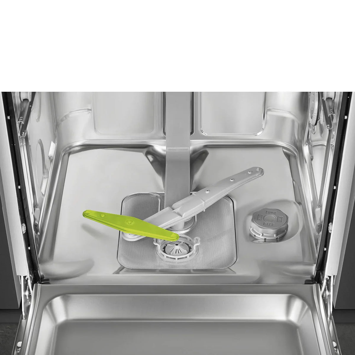 Interior of a Smeg semi-integrated dishwasher showing the filter and spray arm assembly.