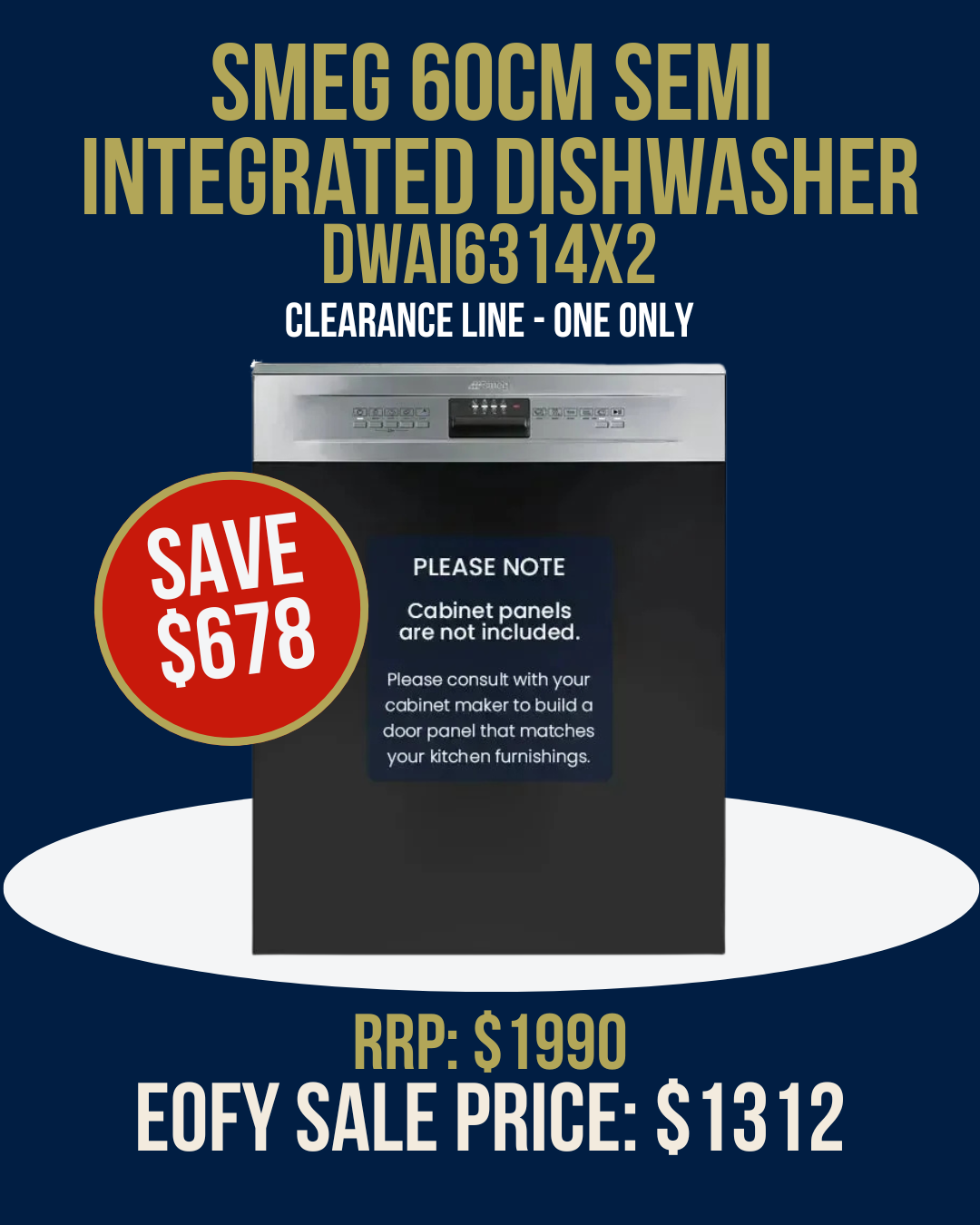 Smeg 60cm Semi-Integrated Dishwasher DWAI6314X2 *Clearance Line*