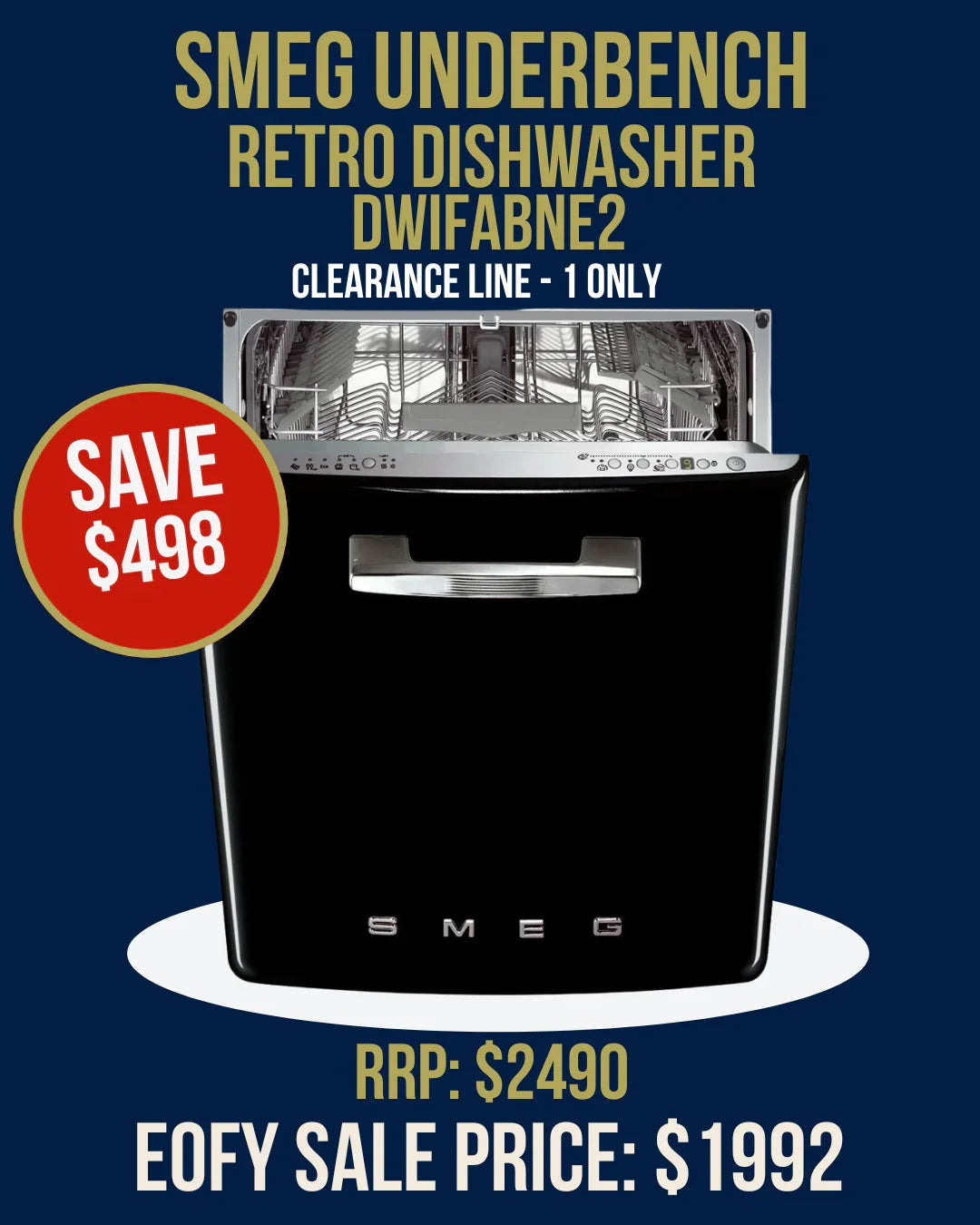 Smeg retro black underbench dishwasher DWIFABNE2 with chrome handle, open interior racks, clearance sale
