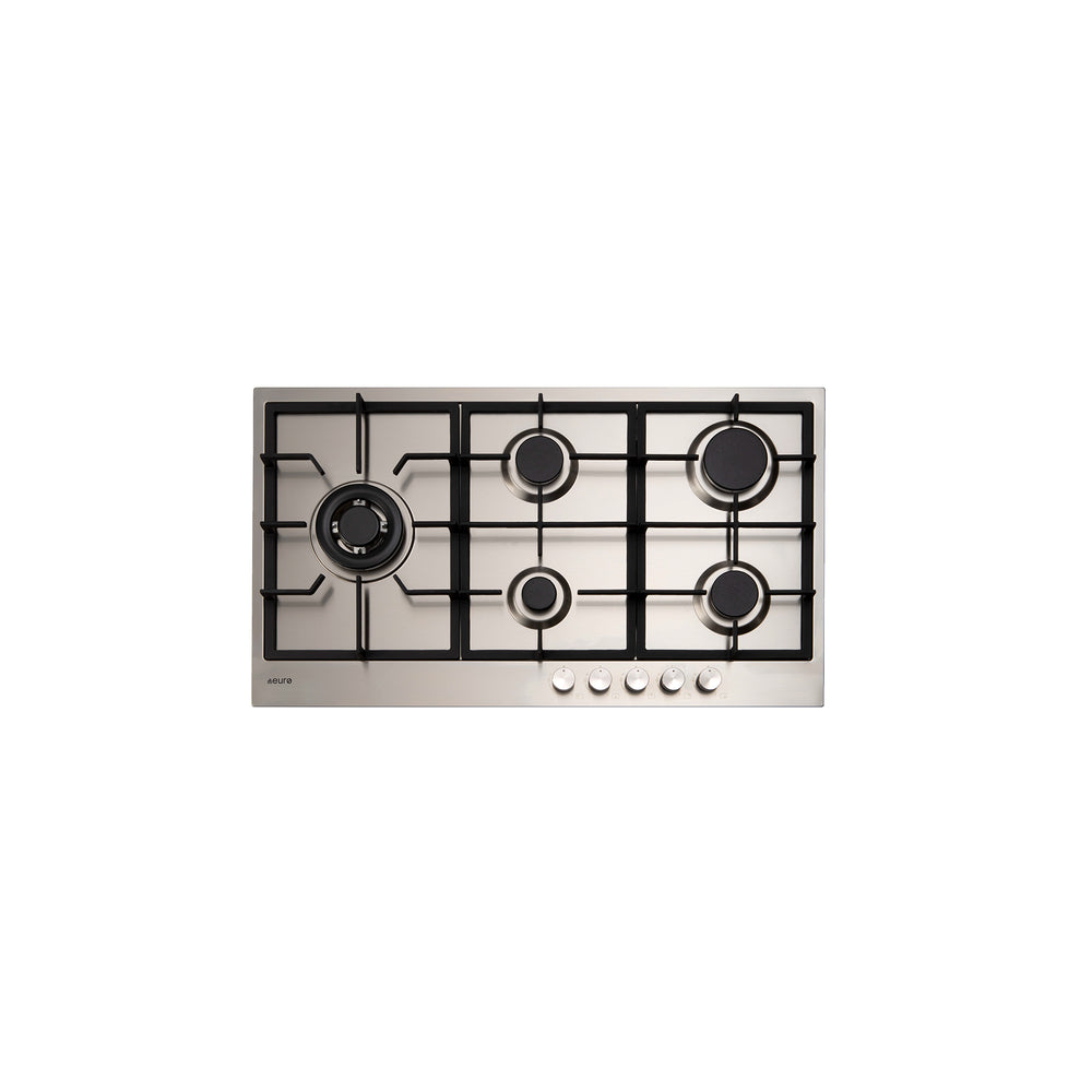 Euro 90cm Gas Cooktop E90CTWX slim line cooktop with 5 burners in stainless steel with black cast iron trivets.