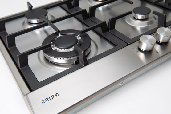 Euro 60cm Gas Cooktop ECT60WCX close up of front left showing brand logo, triple ring wok burner and knobs.