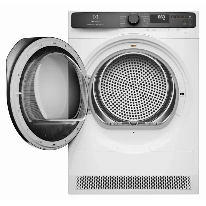 White front-loading dryer with open door and perforated drum interior