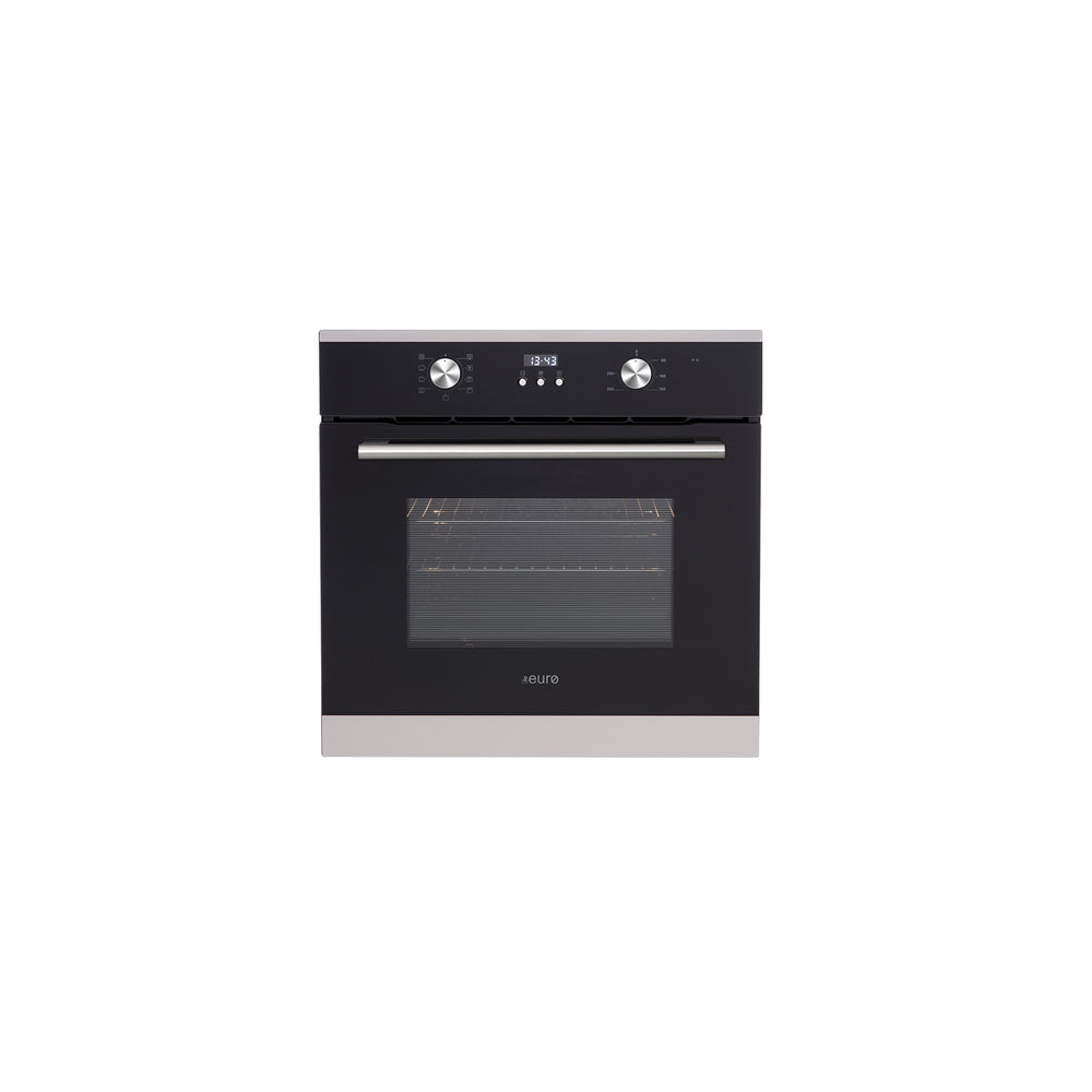 Euro 60cm Built In Oven EO608SX black glass finish with stainless steel trims, 2 rotary dials + 3 buttons for controls.
