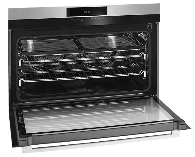 Falcon premium European Glass Black Upright 1100mm Induction Cooker with open oven door