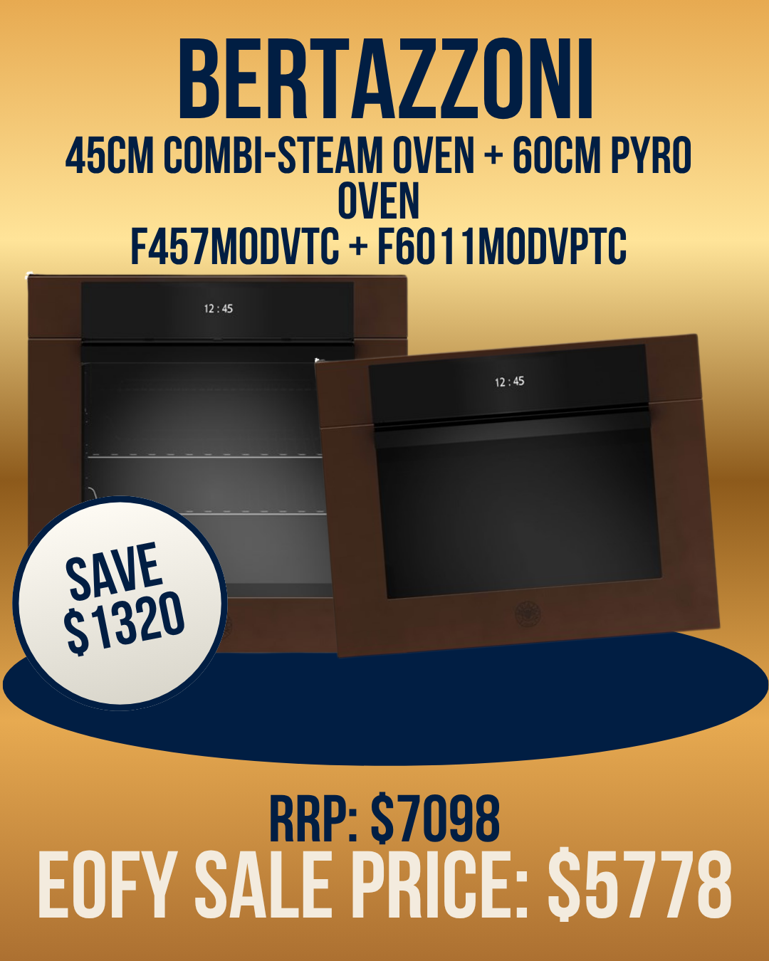 Bertazzoni Copper Oven Combo Pack 45cm Combi-Steam Oven + 60cm Oven Modern Series F457MODVTC + F6011MODV * ONE ONLY