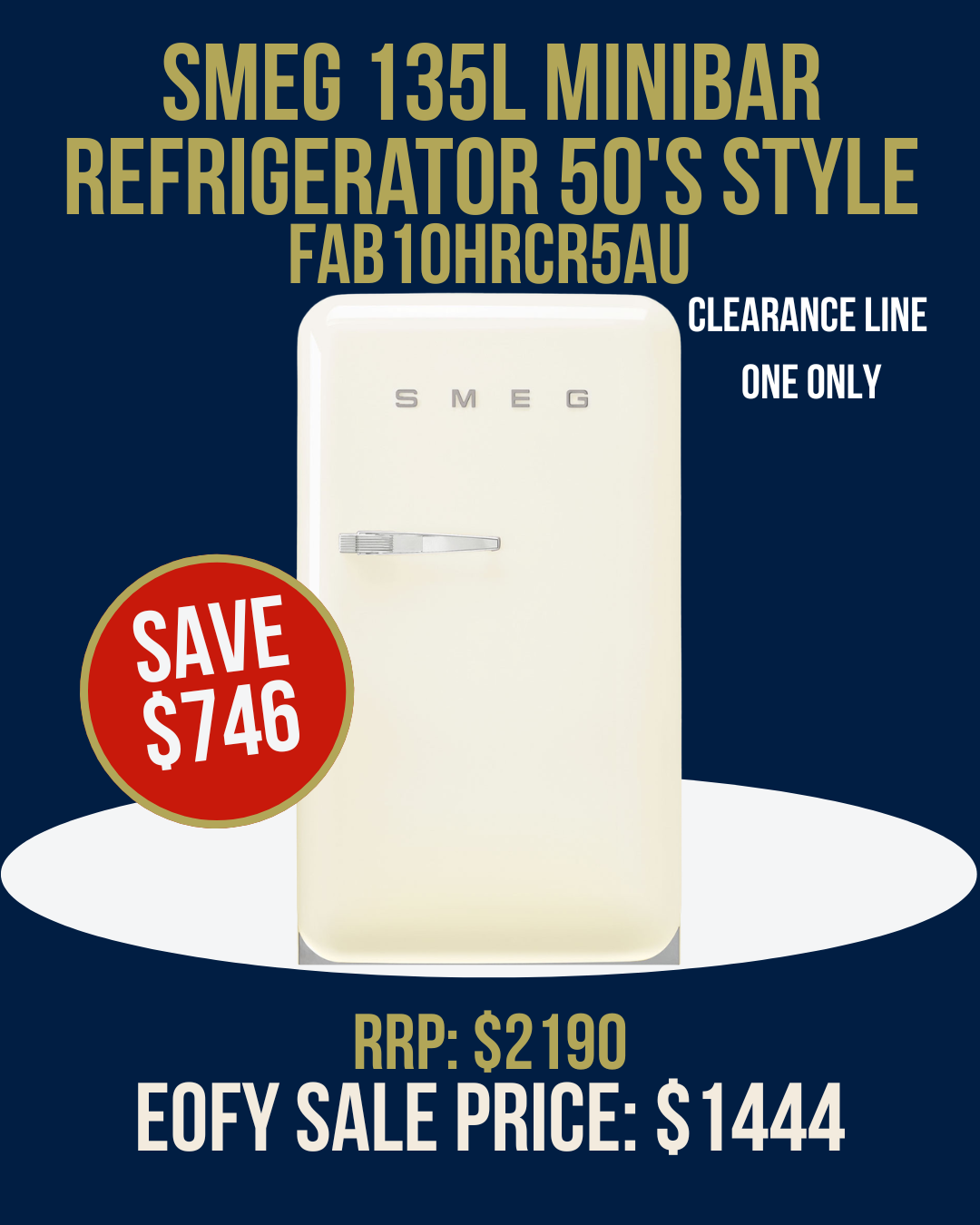 Smeg 135L Minibar Refrigerator 50's Style - Cream - FAB10HRCR5AU *Clearance Line*