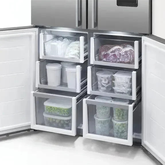 Falcon premium European Glass Black Upright 1100mm Induction Cooker with open freezer drawers filled with food containers and frozen goods.