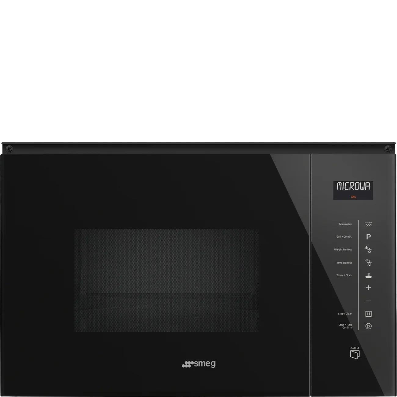 Black Smeg microwave with digital controls and sleek glass design