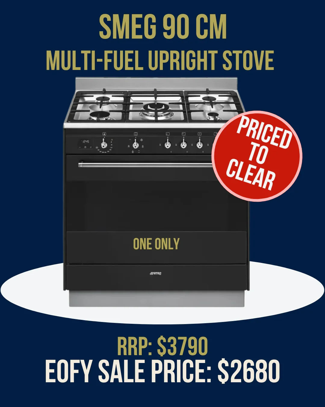 SMEG 90cm multi-fuel upright stove with gas burners and oven, priced to clear