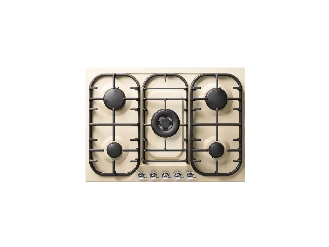 Falcon premium European 1100mm induction cooker with glass black finish, five burners, and chrome controls