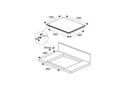 Falcon premium European Glass Black Upright 1100mm Induction Cooker installation diagram with dimensions