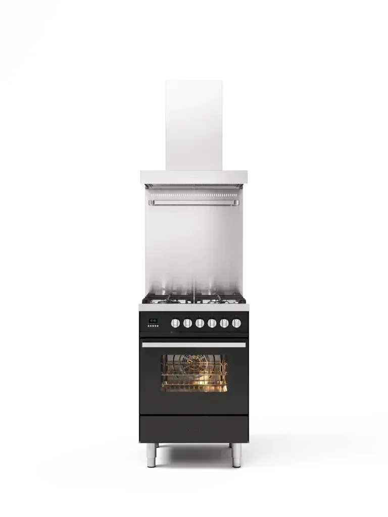 Falcon premium European Glass Black Upright 1100mm induction cooker with oven and control knobs