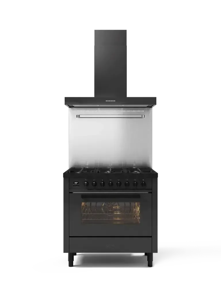 Falcon premium European Glass Black 1100mm upright induction cooker with oven and rangehood