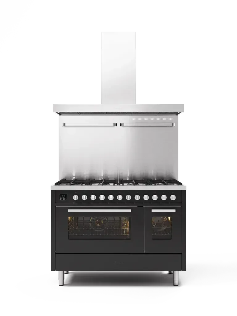 Falcon premium European glass black upright 1100mm induction cooker with double oven and stainless steel range hood
