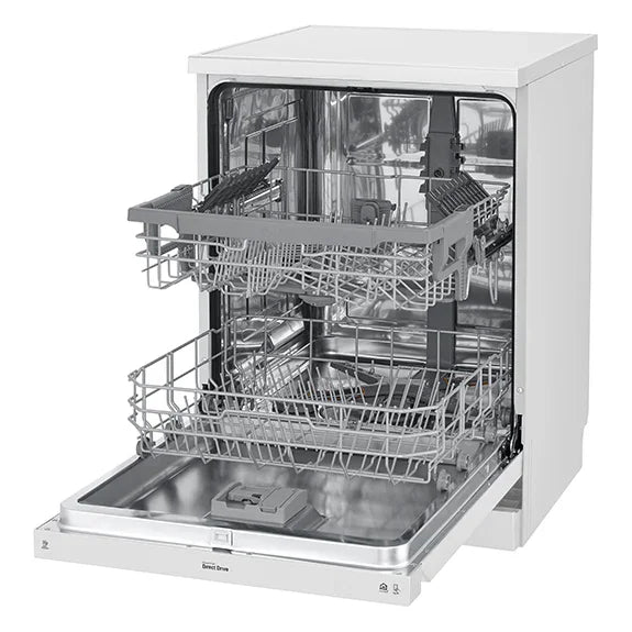White dishwasher with open door showing interior racks and stainless steel tub
