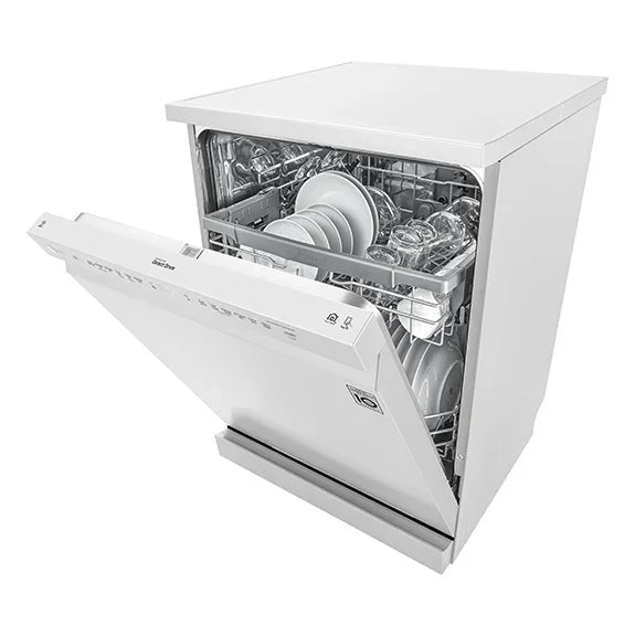White dishwasher with open door showing clean dishes inside