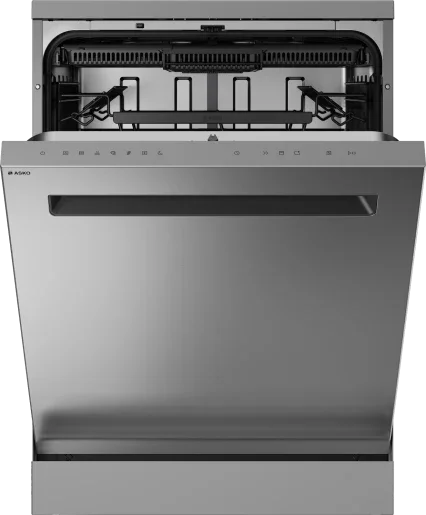 Stainless steel dishwasher with open door and interior racks visible
