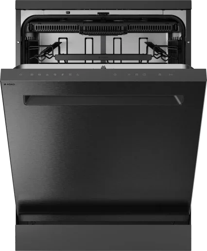 Black stainless steel dishwasher with open door, interior racks visible, modern kitchen appliance