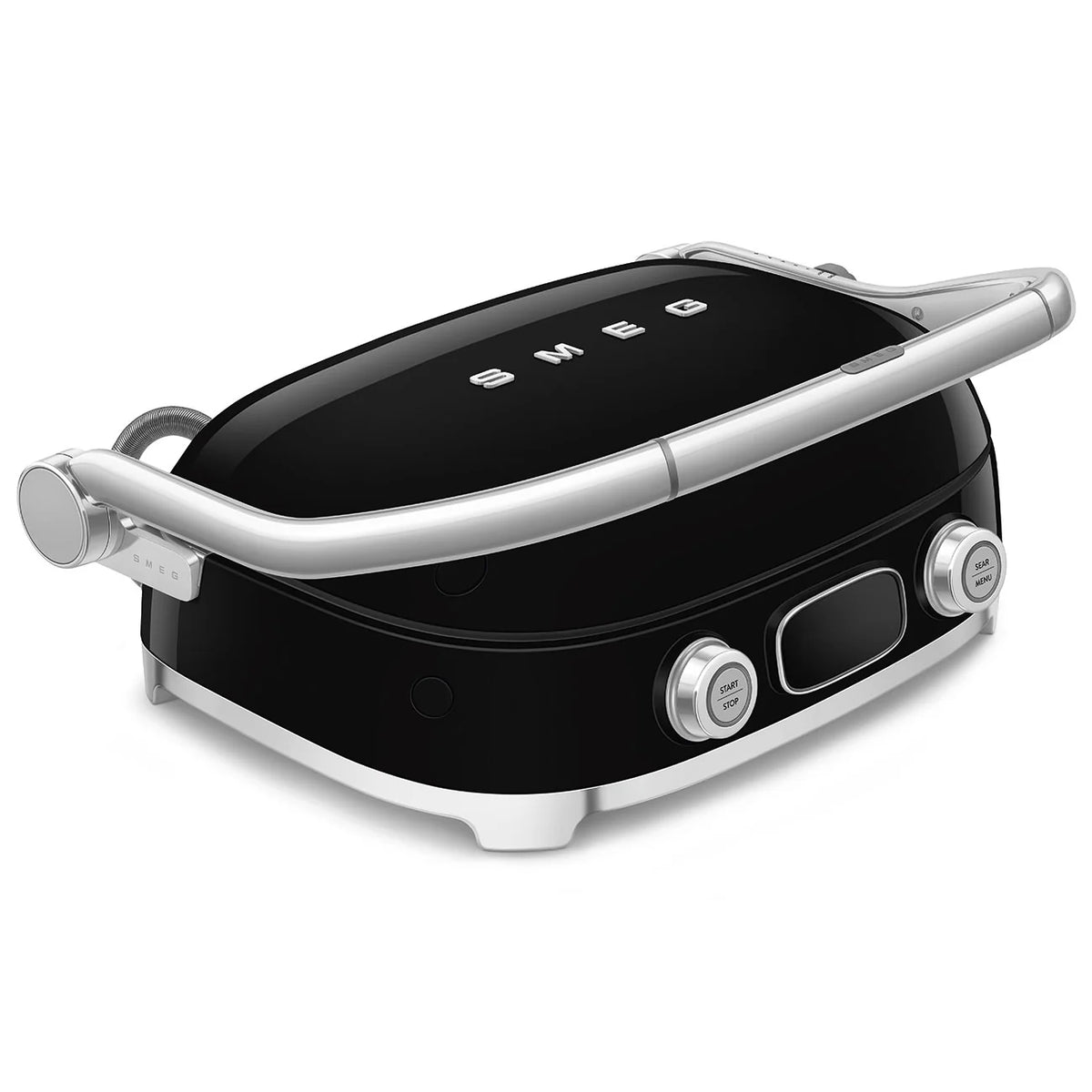 Smeg 50's style MultiGrill MGF01BLAU this angled view from the left of the black multigrill shows the chrome handle and SMEG logo across the top of the appliance along with two chrome dials and a digital display along the front of the appliance.