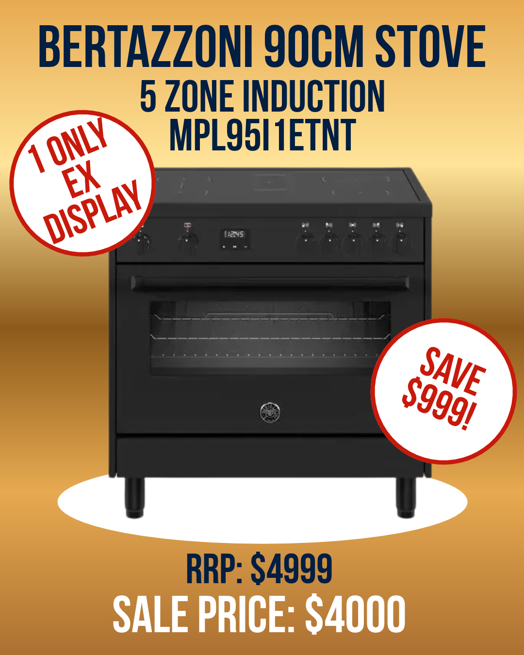 Promotional image for Bertazzoni 90cm Upright Induction Stove Master Matte Black - MPL95I1ETNT *EX DISPLAY