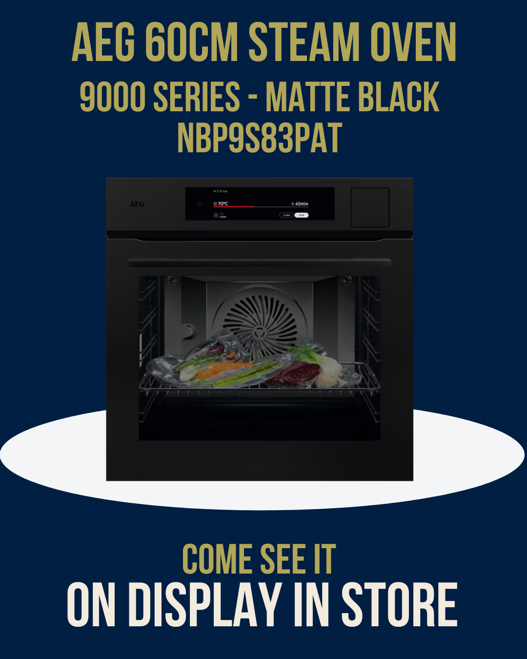 AEG 60cm Steam Oven Matte Black NBP9S83PAT on display at Newtons Designer Appliances