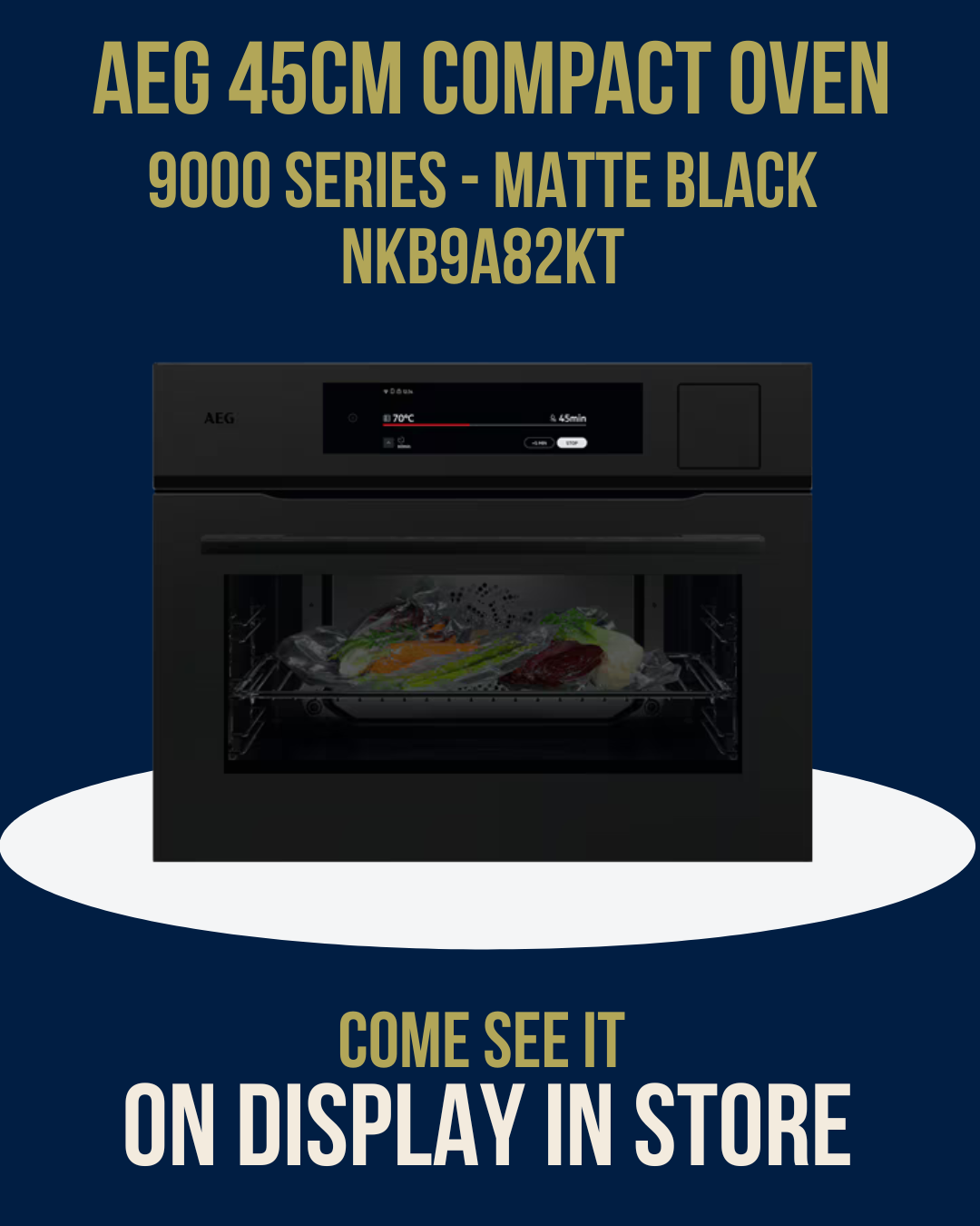 AEG 45cm Compact Oven Matte Black NKB9A82KT is on display at Newtons Designer Appliances