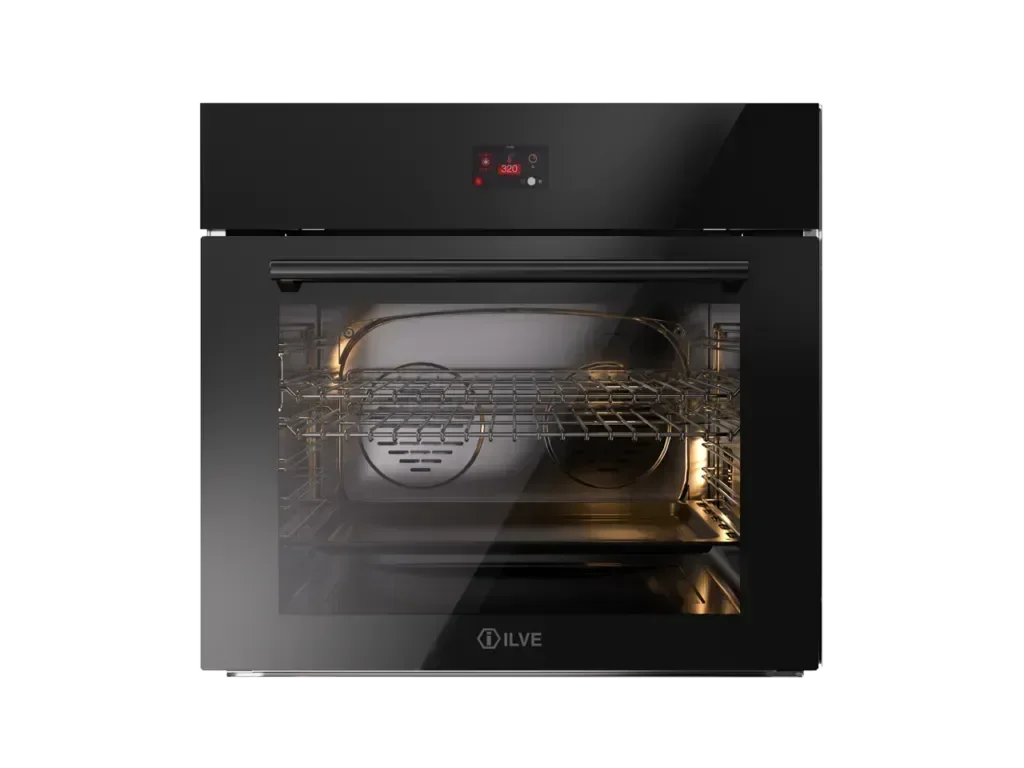Falcon premium European glass black upright 1100mm induction cooker, modern design, open oven view