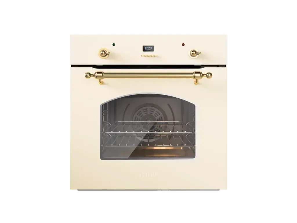 Cream oven with gold handles and digital display, showcasing elegant kitchen appliance design