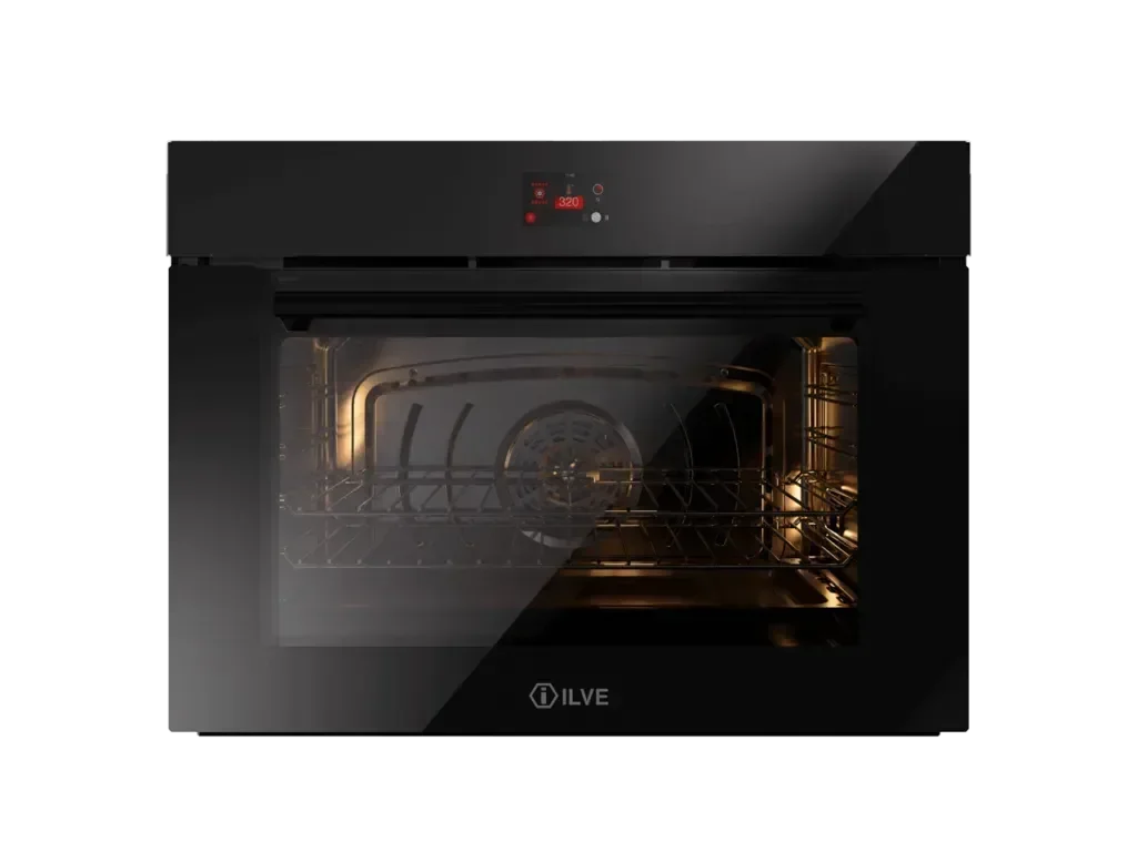 Falcon premium European glass black upright 1100mm induction cooker with illuminated oven interior.
