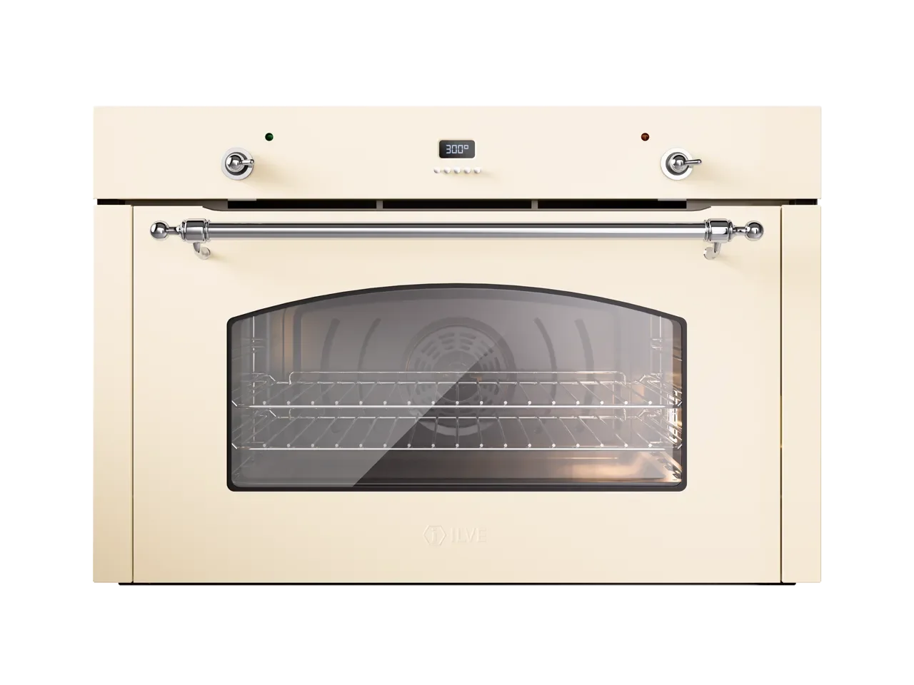 Cream-colored European-style oven with glass door and chrome handle, featuring digital display and sleek design.