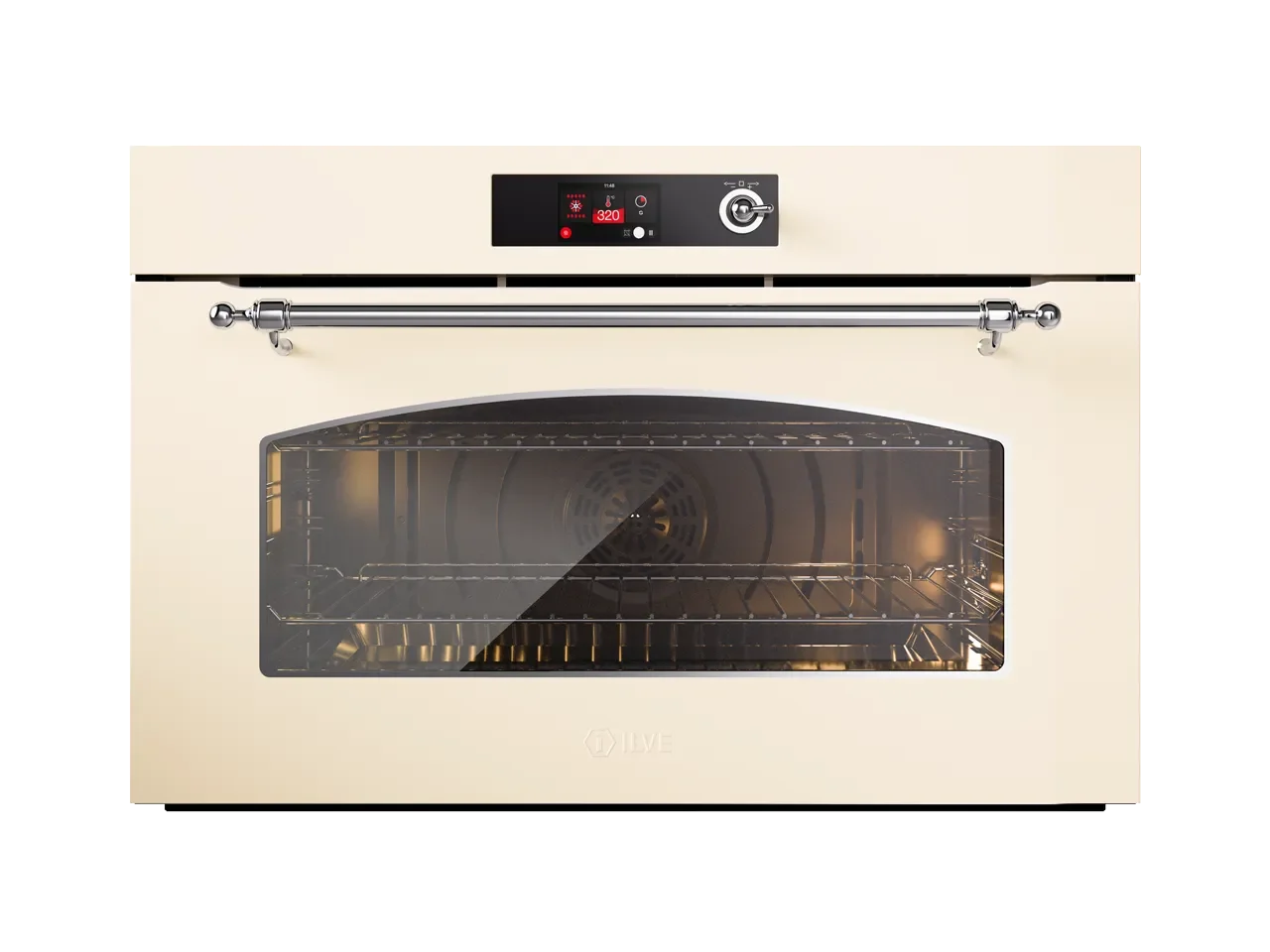 Cream-colored European-style oven with glass door and digital controls