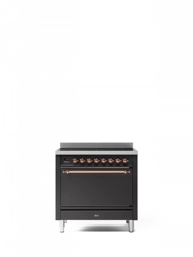 Falcon premium European glass black upright 1100mm induction cooker with metallic knobs