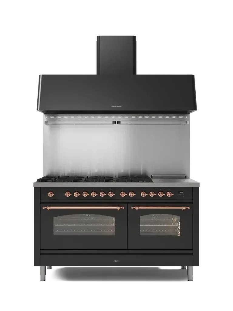 Falcon premium European Glass Black Upright 1100mm induction cooker with dual ovens and knobs