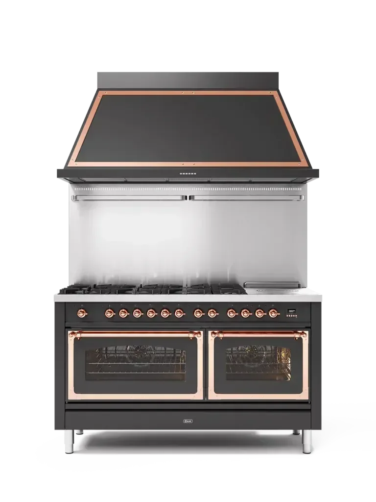 Falcon European Glass Black Upright 1100mm induction cooker with dual ovens and metallic accents