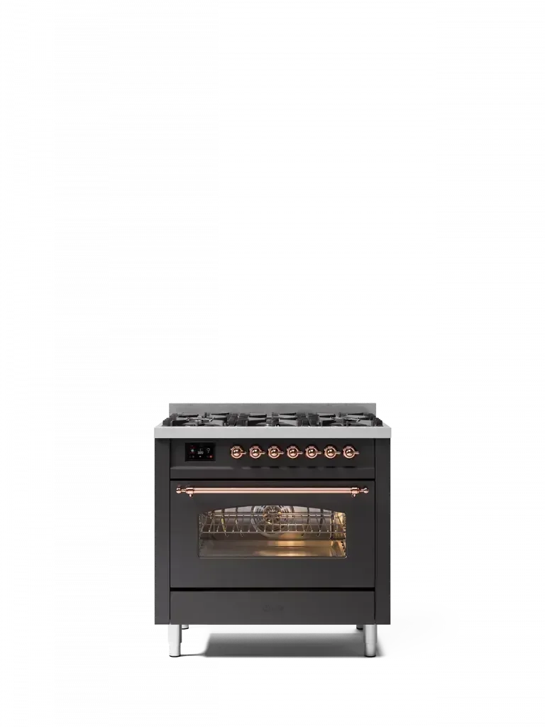 Falcon premium European black glass upright 1100mm induction cooker with oven and control knobs