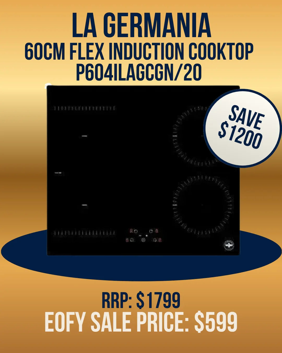 La Germania 60cm Flex Induction Cooktop with sleek black glass surface, modern controls, and circular heating zones on display.