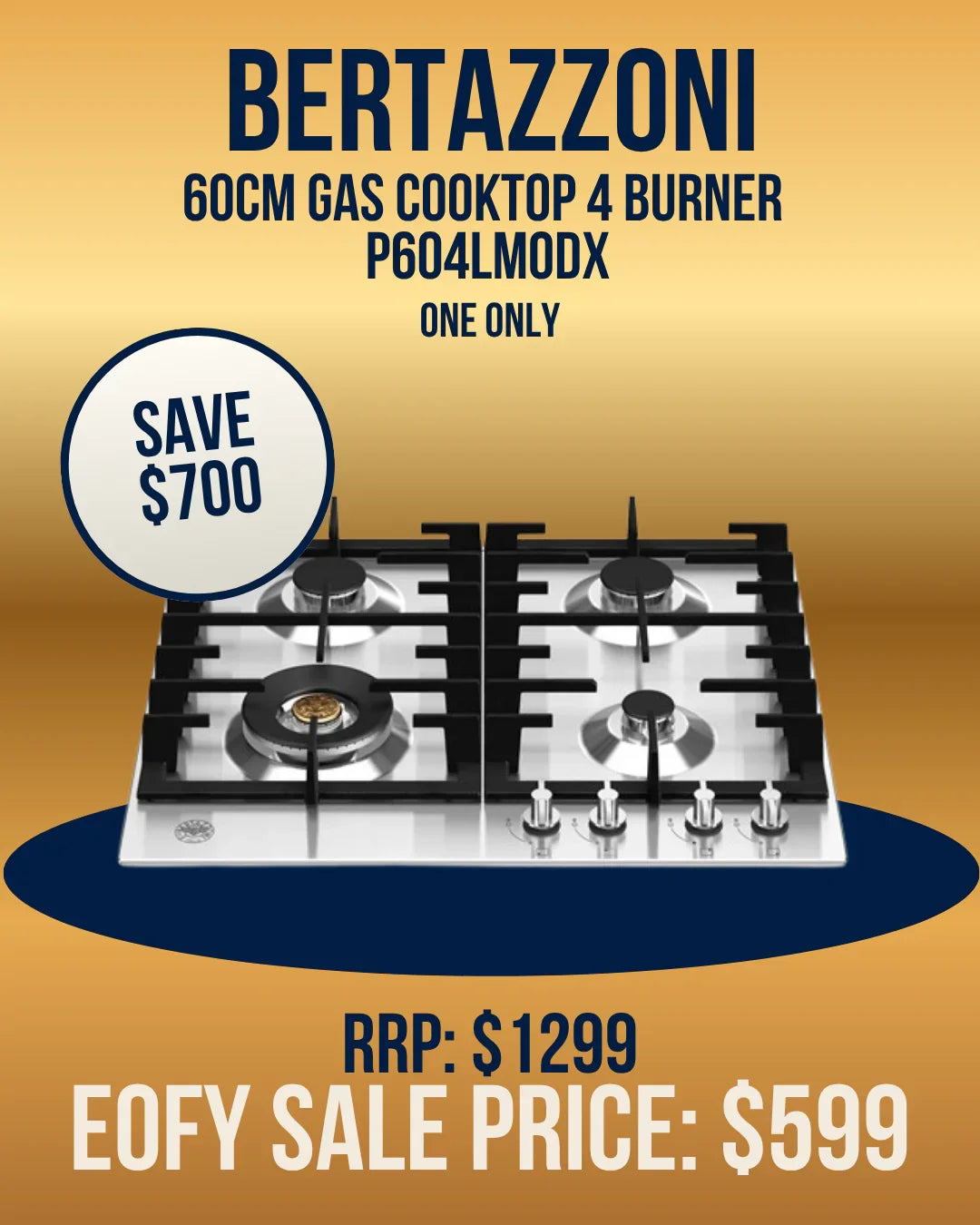 Bertazzoni 60cm 4-burner gas cooktop with sleek stainless steel design