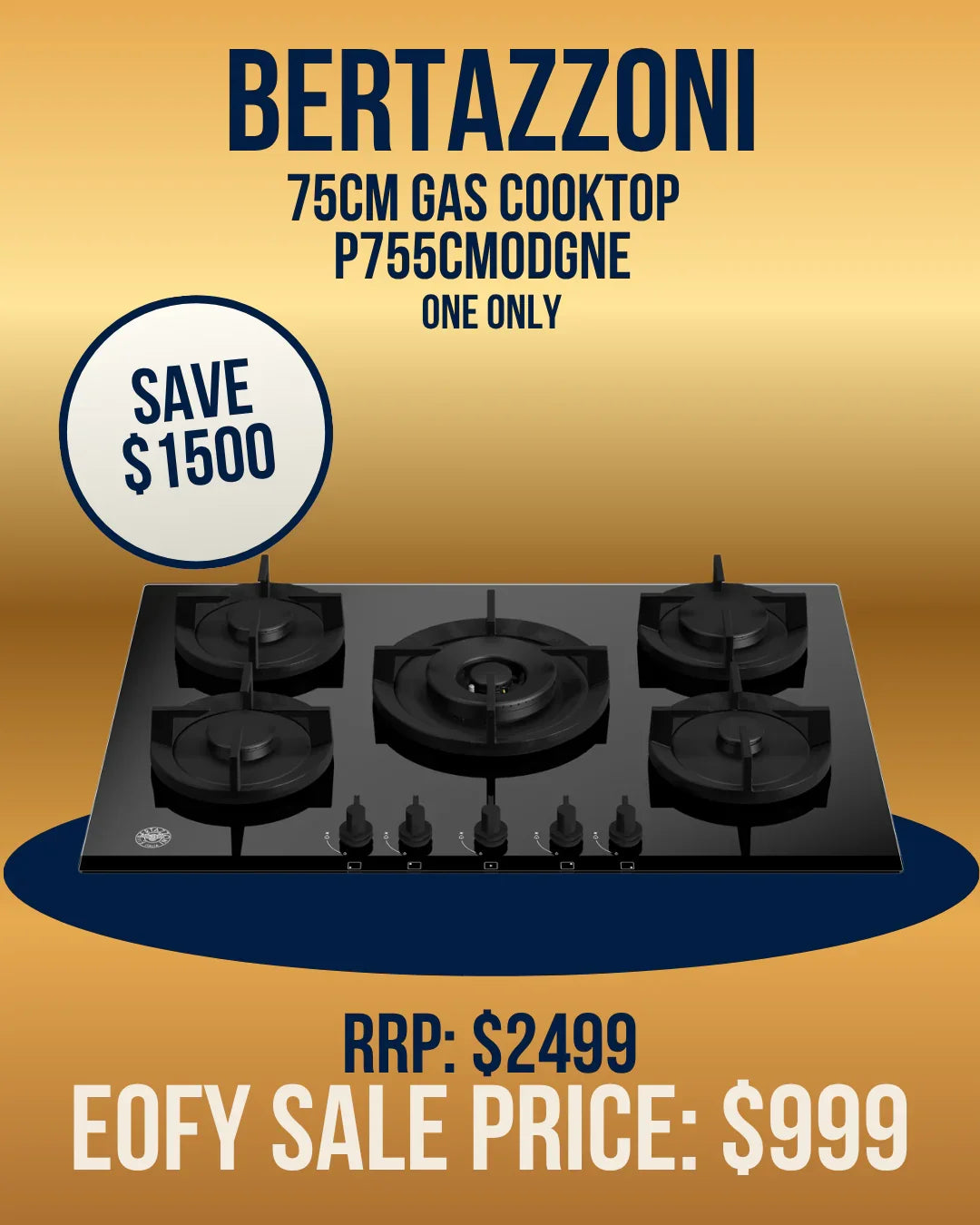 Bertazzoni 75cm gas cooktop with five burners, black glass surface, model P755CMODGNE, on sale