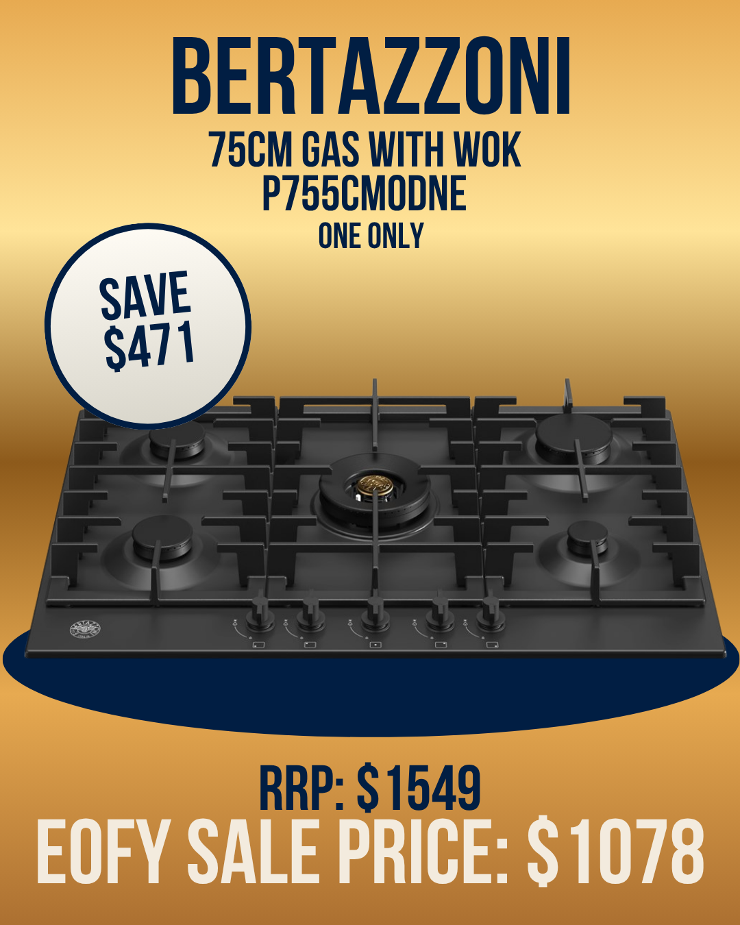 Bertazzoni 75cm Gas cooktop with Wok - P755CMODNE *Clearance Line*