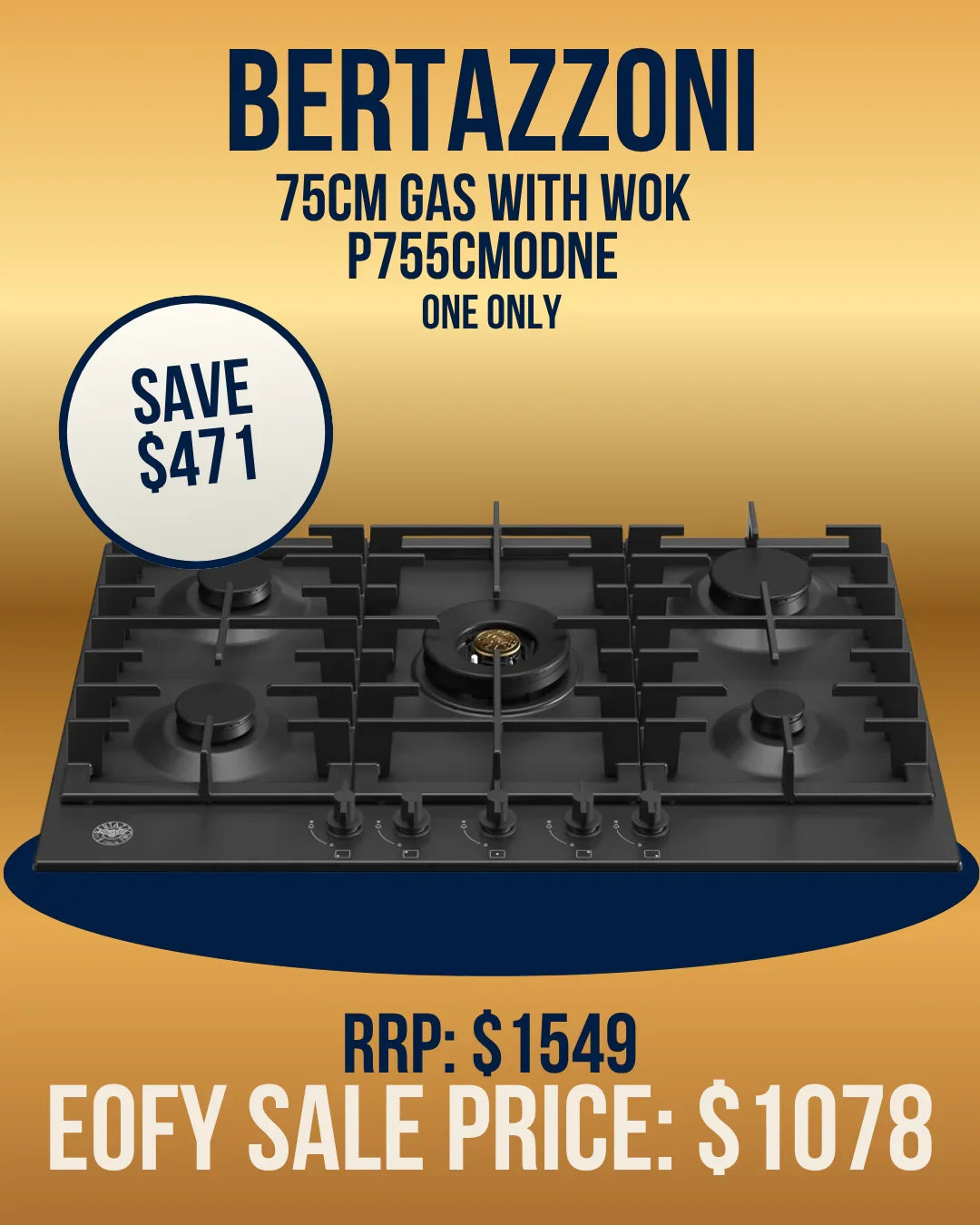 Bertazzoni 75cm Gas cooktop with Wok - P755CMODNE *Clearance Line*