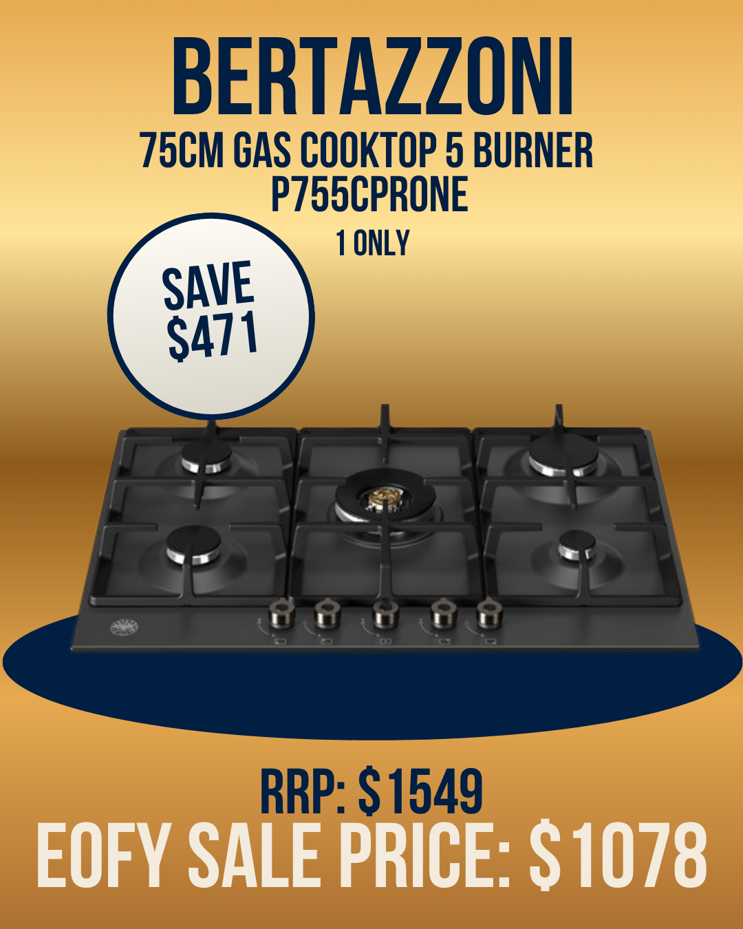 Bertazzoni 75cm Gas Cooktop 5 burner inc Wok - P755CPRONE *Ex-Display*
