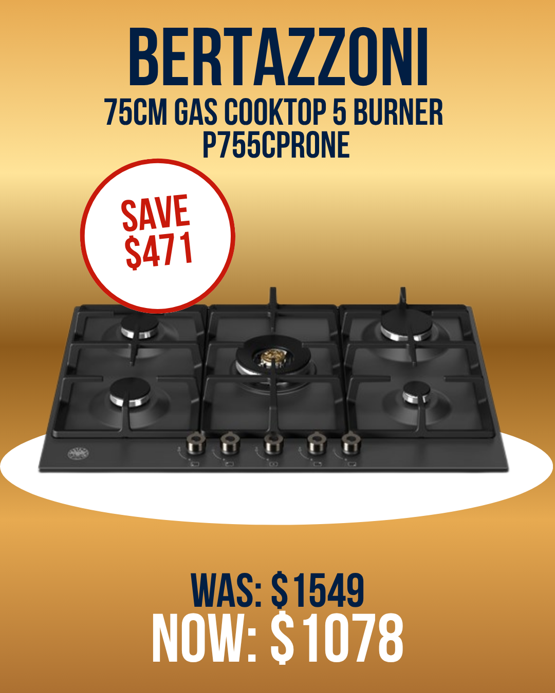 Bertazzoni 75cm Gas Cooktop 5 burner inc Wok - P755CPRONE *Ex-Display* save $471