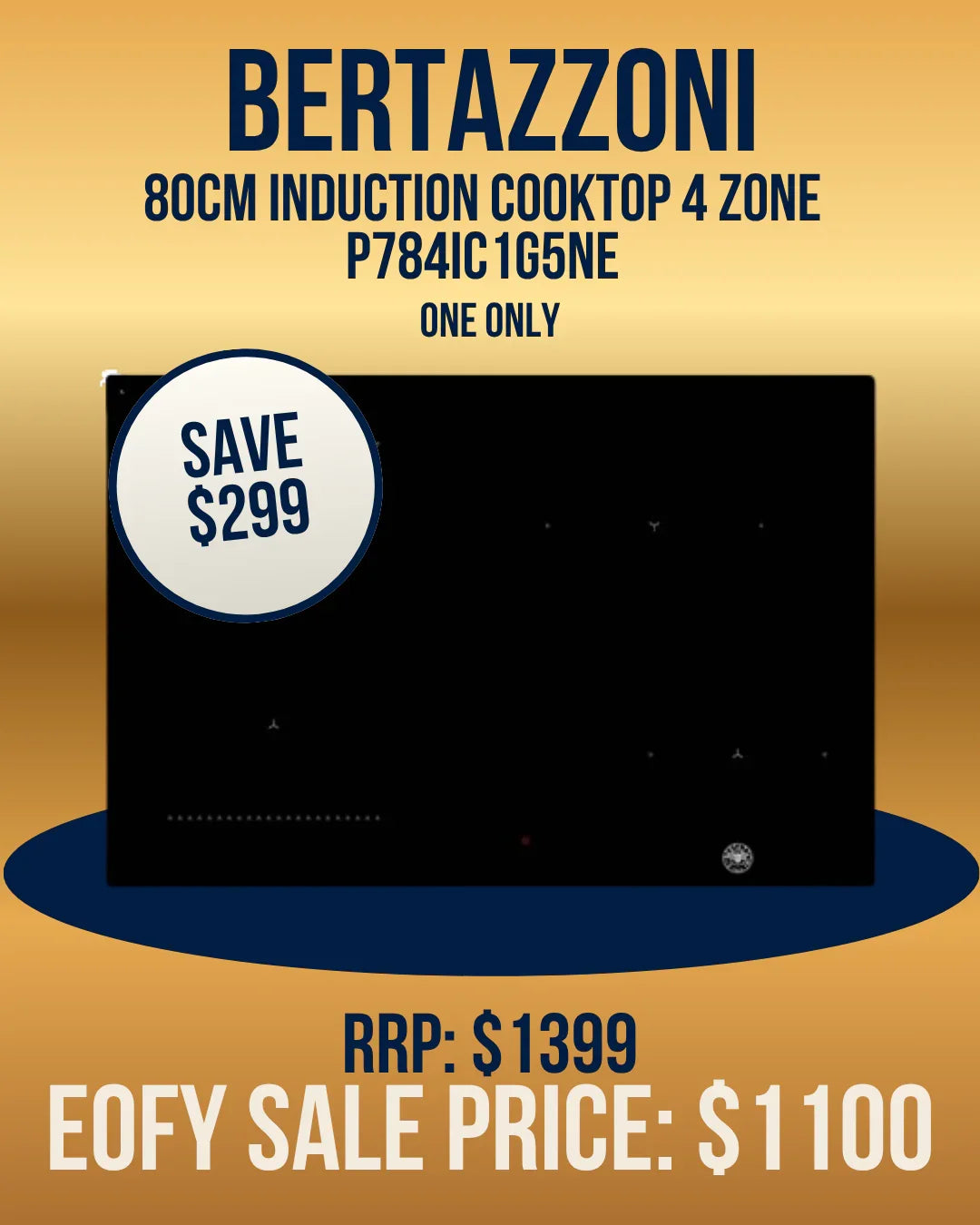 Bertazzoni 80cm 4-zone induction cooktop, black glass surface, sale price $1100, save $299
