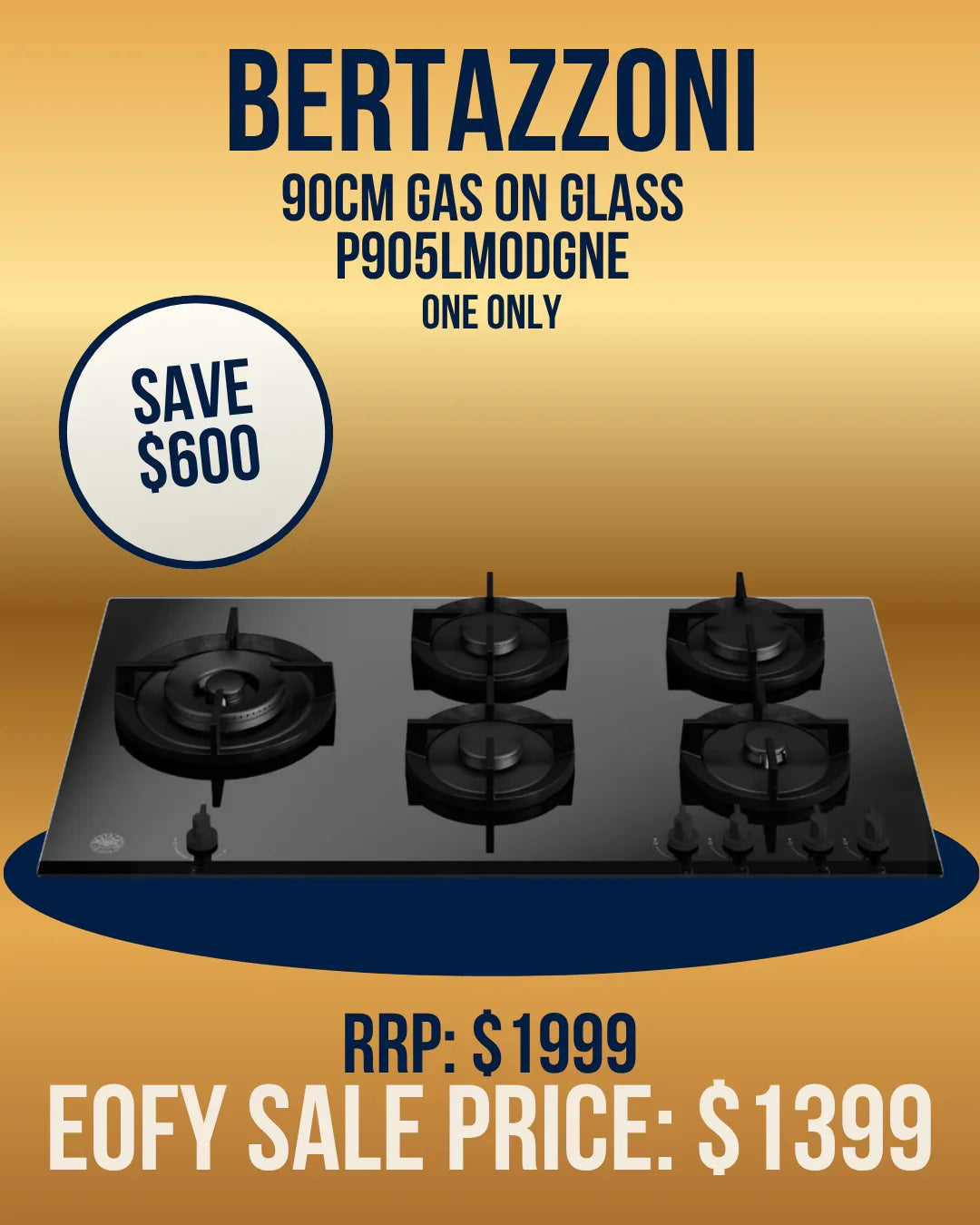 Bertazzoni 90cm Gas on Glass Cooktop - P905LMODGNE *Clearance Line*