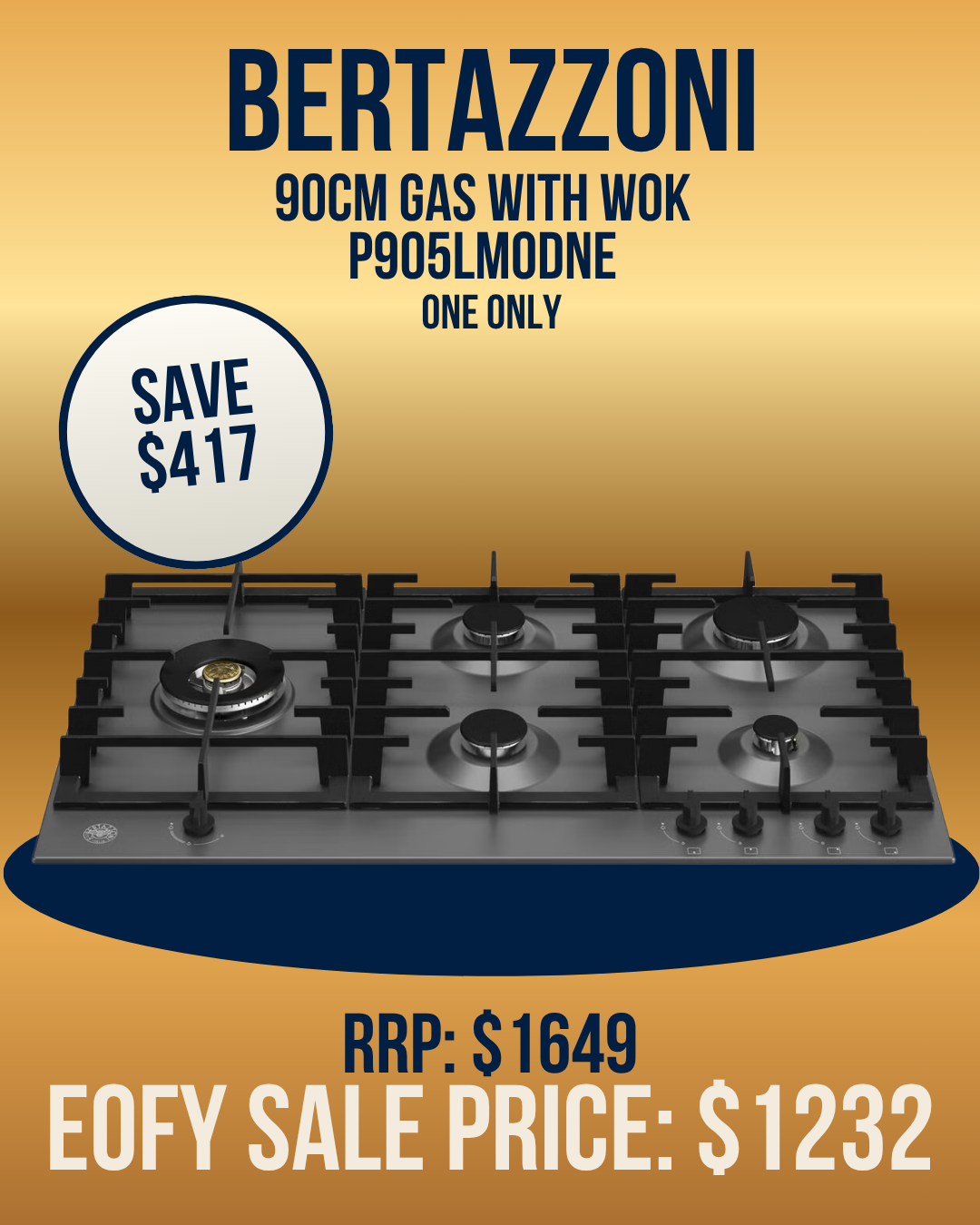 Bertazzoni 90cm Gas Cooktop with Wok - P905LMODNE/B *Clearance*