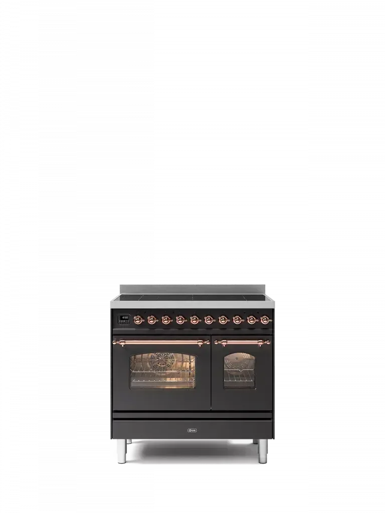 Falcon black glass upright 1100mm induction cooker with copper trim and dual ovens