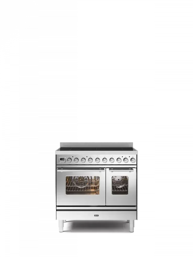 Falcon premium European Glass Black 1100mm induction cooker with twin ovens and control knobs