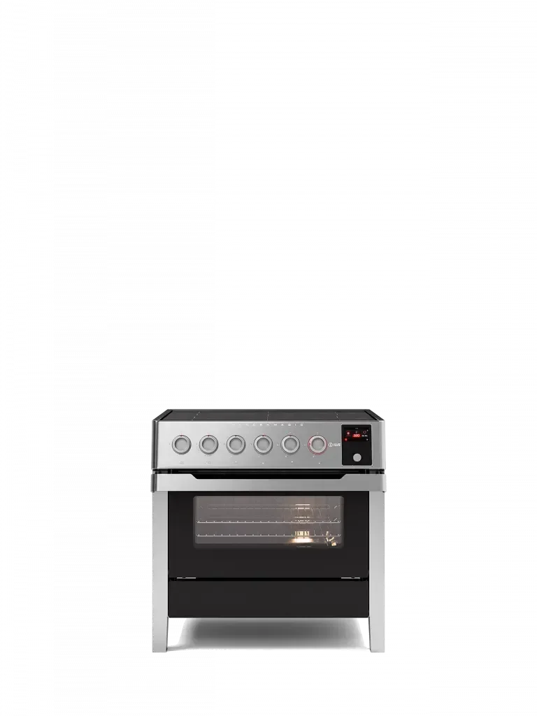 Falcon premium European black glass upright 1100mm induction cooker with silver knobs