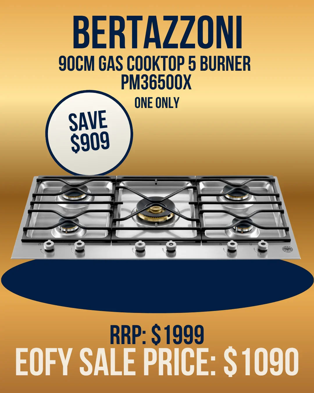 Bertazzoni 90cm 5-burner gas cooktop, sleek stainless steel design, EOY sale price $1090